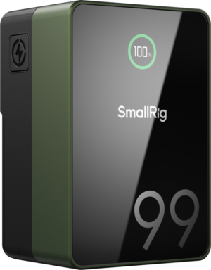 The compact, black and green SmallRig 4974 V-Mount battery VB99 Pro Mini (green), with a glossy finish, features a digital display on the front showing 100 % charges and the "99" and "SmallRig" branding.