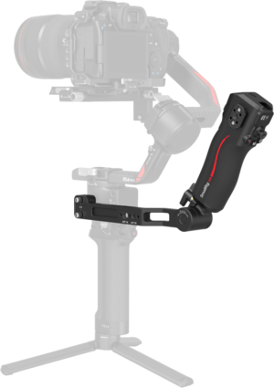 800q-01_130580 Pictured is the SmallRig 4326 Focus Control Handle for DJI RS Series, a detachable black handle with control buttons and red accent, mounted on a gimbal stabilizer with camera, isolated from other equipment.