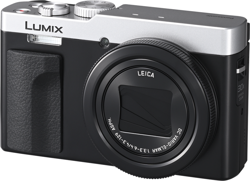 Hopeinen Panasonic Lumix TZ99 -kompaktikamera, jossa on näkyvä Leica-objektiivi, yläreunassa olevat säätimet ja kuvioitu vasemmanpuoleinen kahva.