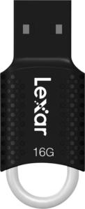 800q-01_110737 Musta Lexar JumpDrive V40 USB 2.0 -muistitikku (16 Gt), jossa on pistemäinen kahva, Lexar-tarra ja valkoinen silmukka alareunassa avaimenperän kiinnitystä varten.