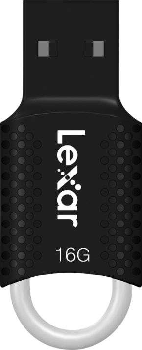 800q-01_110737 Musta Lexar JumpDrive V40 USB 2.0 -muistitikku (16 Gt), jossa on pistemäinen kahva, Lexar-tarra ja valkoinen silmukka alareunassa avaimenperän kiinnitystä varten.