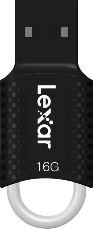 Musta Lexar JumpDrive V40 USB 2.0 -muistitikku (16 Gt), jossa on pistemäinen kahva, Lexar-tarra ja valkoinen silmukka alareunassa avaimenperän kiinnitystä varten.