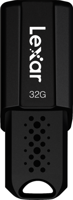 800q-01_115294 Musta Lexar JumpDrive S80 -muistitikku (USB 3.1), jonka kapasiteetti on 32 Gt ja jossa on Lexar-logo ja pyöreät liitinkuviot.