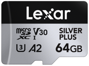 800q-01_128076 Lexar microSDXC Silver Plus 1066x 64GB memory card in black and silver with V30, U3, A2 and Class 10 speed rating icons.