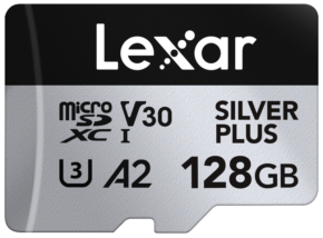 800q-01_128077 Close-up of the Lexar microSDXC Silver Plus 1066x 128GB memory card with V30, U3 and A2 ratings and silver, black and white design.