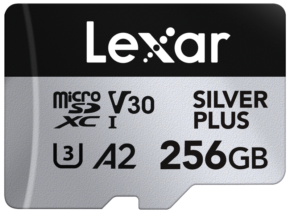 800q-01_128078 Lexar microSDXC Silver Plus 1066x 256GB memory card, V30, U3, A2, silver-white design and black text with technical specifications.