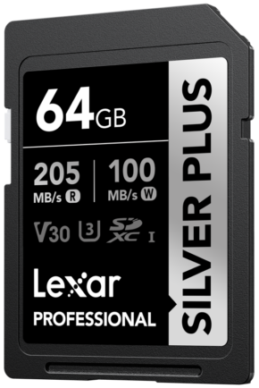 800q-01_128079 Lexar SDXC Professional SILVER Plus 1066x (V30) 64GB -muistikortti tarjoaa 205 MB/s luku- ja 100 MB/s kirjoitusnopeuden, U3/V30, SDXC I -brändäyksen, ja siinä on musta ja hopeinen etiketti.