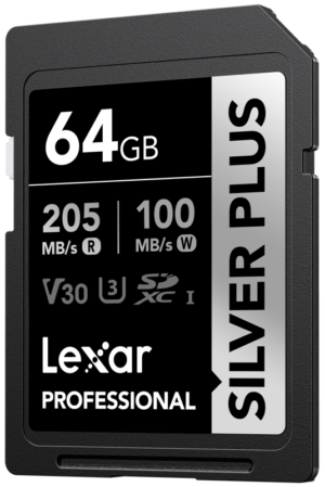 800q-01_128079 The Lexar SDXC Professional SILVER Plus 1066x (V30) 64GB memory card offers 205 MB/s read and 100 MB/s write speeds, U3/V30, SDXC I branding, and features a black and silver label.