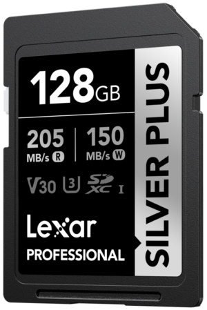 The Lexar SDXC Professional SILVER Plus 1066x (V30) 128GB memory card offers up to 205 MB/s read and 150 MB/s write speeds, and features a class and speed rating on its black and silver label.
