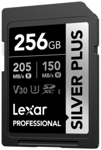 800q-01_128081 Lexar SDXC Professional SILVER Plus 1066x (V30) 256GB -muistikortti tarjoaa jopa 205MB/s lukunopeuden, 150MB/s kirjoitusnopeuden ja V30-, U3- ja Class 10 -kuvakkeet.