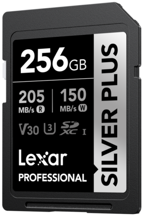 800q-01_128081 Lexar SDXC Professional SILVER Plus 1066x (V30) 256GB -muistikortti tarjoaa jopa 205MB/s lukunopeuden, 150MB/s kirjoitusnopeuden ja V30-, U3- ja Class 10 -kuvakkeet.