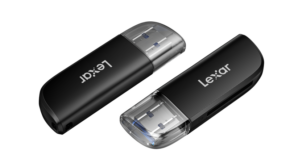 800q-01_128279 Two black Lexar Cardreader SD/MicroSD/SDHC/SDXC Dual Slot USB-A devices with transparent caps are placed diagonally on a white background, and the Lexar logo is clearly visible on both.