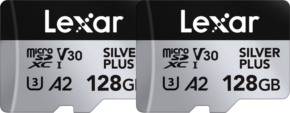 800q-01_128511 Kaksi Lexar microSDXC Silver Plus 1066x 2x128GB -korttia näytetään vierekkäin, ja kummassakin on merkintä V30, U3, A2 ja Lexarin logo yläreunassa.