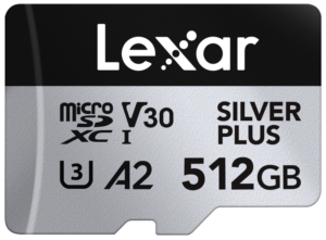 800q-01_128512 Lexar microSDXC Silver Plus 1066x 512GB -muistikortti tarjoaa 512 Gt kapasiteettia ja suorituskykyluokitukset V30, U3, A2 ja Class 10.