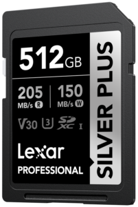 800q-01_128514 Lexar SDXC Professional SILVER Plus 1066x (V30) 512GB -muistikortti tarjoaa 205 MB/s lukunopeuden ja 150 MB/s kirjoitusnopeuden (V30, U3, SDXC I) mustassa kortissa, jossa on hopeanvärinen ja valkoinen merkintä.