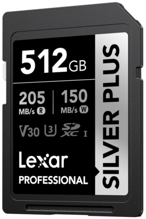 800q-01_128514 Lexar SDXC Professional SILVER Plus 1066x (V30) 512GB -muistikortti tarjoaa 205 MB/s lukunopeuden ja 150 MB/s kirjoitusnopeuden (V30, U3, SDXC I) mustassa kortissa, jossa on hopeanvärinen ja valkoinen merkintä.