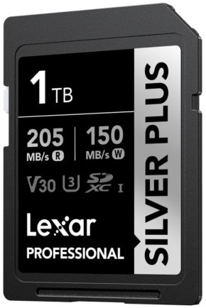 800q-01_128515 Lexar SDXC Professional SILVER Plus 1066x (V30) 1TB -muistikortti tarjoaa 205 MB/s lukunopeuden ja 150 MB/s kirjoitusnopeuden, ja siinä on V30-, U3- ja SDXC I -luokitukset.