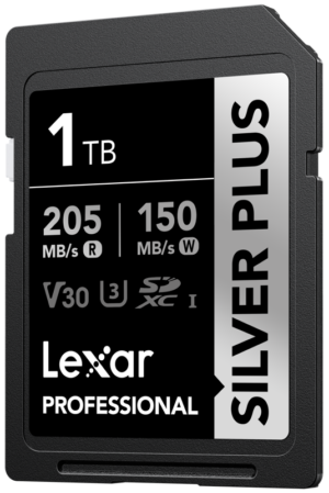 800q-01_128515 Lexar SDXC Professional SILVER Plus 1066x (V30) 1TB -muistikortti tarjoaa 205 MB/s lukunopeuden ja 150 MB/s kirjoitusnopeuden, ja siinä on V30-, U3- ja SDXC I -luokitukset.