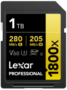Lexar SDXC Pro 1800x U3 UHS-II 1TB muistikortti, V60, R280/W210 MB/s nopeudet, musta-keltainen.