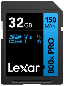 800q-01_128861 Lexar SDHC 800x Pro UHS-I -kortti - 32GB -muistikortti, jonka lukunopeus on 150 MB/s, ja jossa on V10- ja Class 10 -symbolit mustassa ja sinisessä etiketissä.