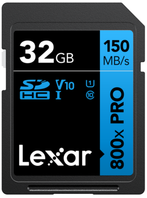 800q-01_128861 Lexar SDHC 800x Pro UHS-I -kortti - 32GB -muistikortti, jonka lukunopeus on 150 MB/s, ja jossa on V10- ja Class 10 -symbolit mustassa ja sinisessä etiketissä.