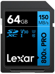 800q-01_128862 Lexar SDHC 800x Pro UHS-I -kortissa - 64GB -muistikortti on 150MB/s nopeus, V30, U3, Class 10 -luokitus, ja se on saatavana mustana ja sinisenä.