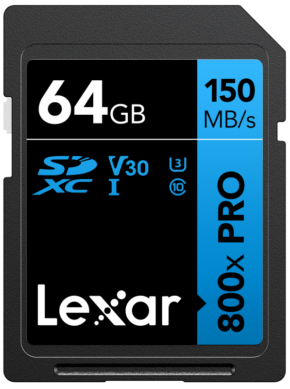 800q-01_128862 Lexar SDHC 800x Pro UHS-I -kortissa - 64GB -muistikortti on 150MB/s nopeus, V30, U3, Class 10 -luokitus, ja se on saatavana mustana ja sinisenä.