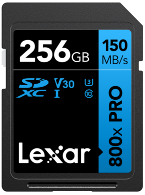 800q-01_128864 Lexar SDHC 800x Pro UHS-I -kortti - 256GB muistikortti tarjoaa 150 MB/s nopeuden, V30, U3, Class 10 -luokitukset, ja siinä on musta ja sininen muotoilu.