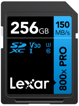 800q-01_128864 Lexar SDHC 800x Pro UHS-I -kortti - 256GB muistikortti tarjoaa 150 MB/s nopeuden, V30, U3, Class 10 -luokitukset, ja siinä on musta ja sininen muotoilu.