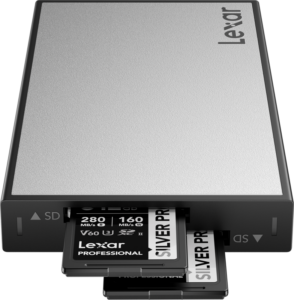 800q-01_128981 The rectangular Lexar Professional Workflow USB 3.2 Gen2 Reader - Dual SD reader with silver top and black sides is pictured with two SILVER PRO SD memory cards partially inserted into its front SD card slots.