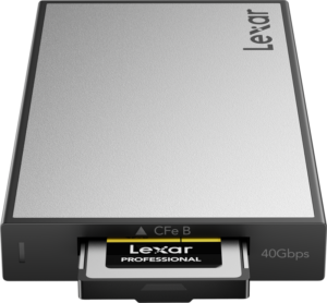 800q-01_128983 Lexar Professional Workflow USB4 Reader - CFexpress 4.0 Type B with a Lexar memory card partially inserted, marked CFe B and 40 Gbps on the front. The reader features a sleek, metallic silver and black design.