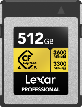 800q-01_130542 Lexar CFexpress 4.0 Pro Gold R3600/W3300 512GB -muistikortti tarjoaa jopa 3600 MB/s lukunopeuden ja 3300 MB/s kirjoitusnopeuden, ja siinä on hopea ja musta muotoilu ja keltaiset korostukset etiketissä.