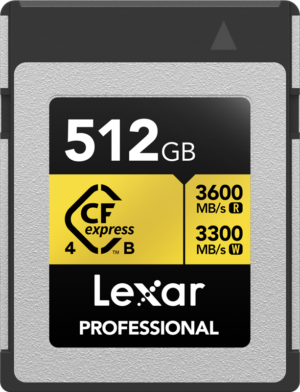 The Lexar CFexpress 4.0 Pro Gold R3600/W3300 512GB memory card offers up to 3600 MB/s read and 3300 MB/s write speeds, with a silver and black design and yellow accents on the label.