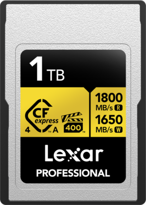 The Lexar CFexpress 4.0 Pro Gold (Type A) memory card has a 1TB capacity, VPG400 rating, up to 1800 MB/s read and 1650 MB/s write speeds, distinctive yellow and black design.