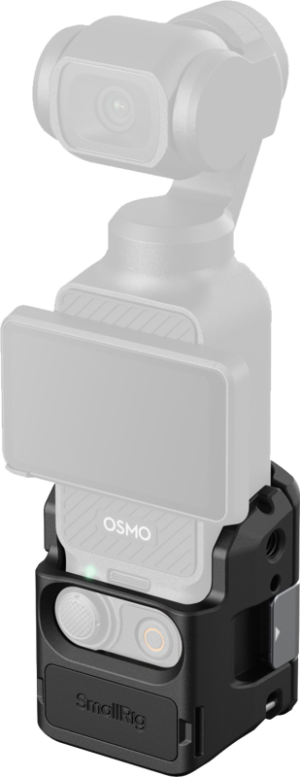 800q-01_130654 The DJI Osmo Pocket 3 is mounted on the SmallRig 5072 Cage, which has a small screen on the front and control buttons below it, all visible in a semi-transparent style.