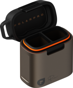 800q-01_130686 The PolarPro Film Case Mckinnon 120 Film Series (2 rolls) is a stylish metallic brown rectangular case with orange trim, hinged lid with PolarPro logo, two internal compartments and a small logo and signature.