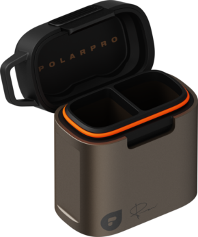 800q-01_130686 The PolarPro Film Case Mckinnon 120 Film Series (2 rolls) is a stylish metallic brown rectangular case with orange trim, hinged lid with PolarPro logo, two internal compartments and a small logo and signature.
