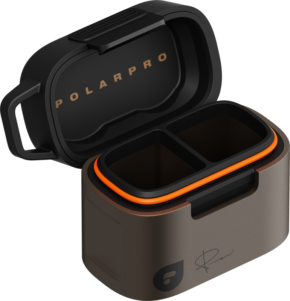 800q-01_130687 The PolarPro Film Case Mckinnon 135 Film Series (2 Roll) is a rectangular, two-tone case with an open lid with two compartments, gold POLARPRO lettering on the lid and the signature plus logo on the front.