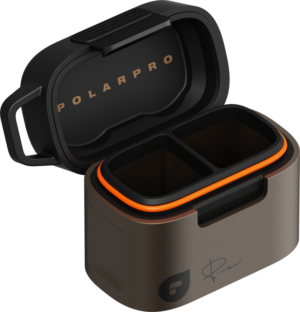 800q-01_130687 The PolarPro Film Case Mckinnon 135 Film Series (2 Roll) is a rectangular, two-tone case with an open lid with two compartments, gold POLARPRO lettering on the lid and the signature plus logo on the front.