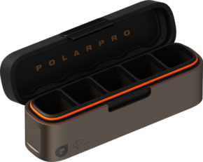800q-01_130689 The PolarPro Film Case Mckinnon 135 Film series (5 Roll) is a rectangular case with a hinged lid in black and brown with orange accents, with the POLARPRO logo inside and compartments for organizing up to five rolls of film.