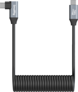800q-01_130701 The SmallRig 4792 USB-C Straight to USB-C Angled Coiled Data Cable features a black design with 20 Gbps data transfer and 100 W power supply, and is marked "SmallRig" on one connector for fast performance.