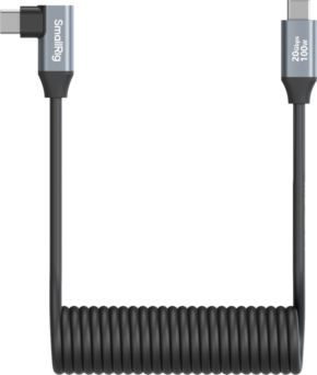 800q-01_130701 SmallRig 4792 USB-C Straight to USB-C Angled Coiled Data Cable -kaapelissa on musta muotoilu, jossa on 20 Gbps:n tiedonsiirto ja 100 W:n virransyöttö ja jossa on merkintä "SmallRig" toisessa liittimessä nopeaa suorituskykyä varten.
