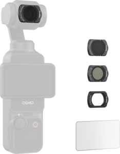 800q-01_130867 Oikealla puolella on esillä SmallRig 5122 Multifunctional Filter Kit for DJI Osmo Pocket 3, jossa on kolme linssisuodatinta ja suorakulmainen puhdistusliina, kaikki vaaleaa taustaa vasten.