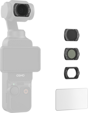 800q-01_130867 Oikealla puolella on esillä SmallRig 5122 Multifunctional Filter Kit for DJI Osmo Pocket 3, jossa on kolme linssisuodatinta ja suorakulmainen puhdistusliina, kaikki vaaleaa taustaa vasten.