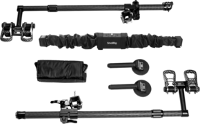 800q-01_130870 The SmallRig 4614 Camera Slider Support Kit for Cars includes carbon fiber rods, adjustable clamps, suction cups, a padded cover and pedal-like parts, all neatly displayed on a white background.
