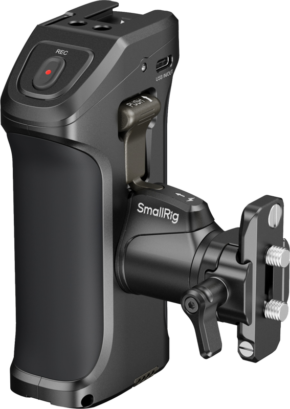 800q-01_130873 SmallRig 5235 Rotating Side Handle with Trigger REC for Canon/Blackmagic cameras is a black camera handle with REC button, USB input, control disc and bracket for stable control of camera equipment.
