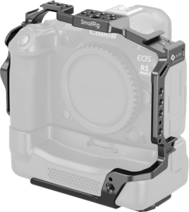 Mustaa metallia oleva Smallrig 5092 Cage for Canon EOS R5 Mark II with Cooling Fan CF-R20EP asennetaan harmaasävyisen Canon EOS R5 Mark II -kameran ympärille ja tarjoaa lisäsuojaa ja lisävarusteiden kiinnityspisteitä.