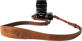 800q-01_130954 Black Fujifilm camera with SmallRig 5209 Universal Leather Camera Shoulder Strap, brown with light background. "SmallRig" is embossed on the strap.