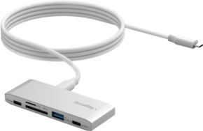 The SmallRig 4746 5-in-1 memory card reader for mobile photography is a white USB-C hub with SD, microSD, USB-C, USB-A and HDMI ports, attached to a long coiled USB-C cable.