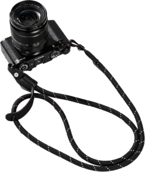 800q-01_131045 The black Fujifilm camera and lens is paired with the SmallRig 4882 Universal Braided Shoulder Strap, which has white accents and appears on a light background.